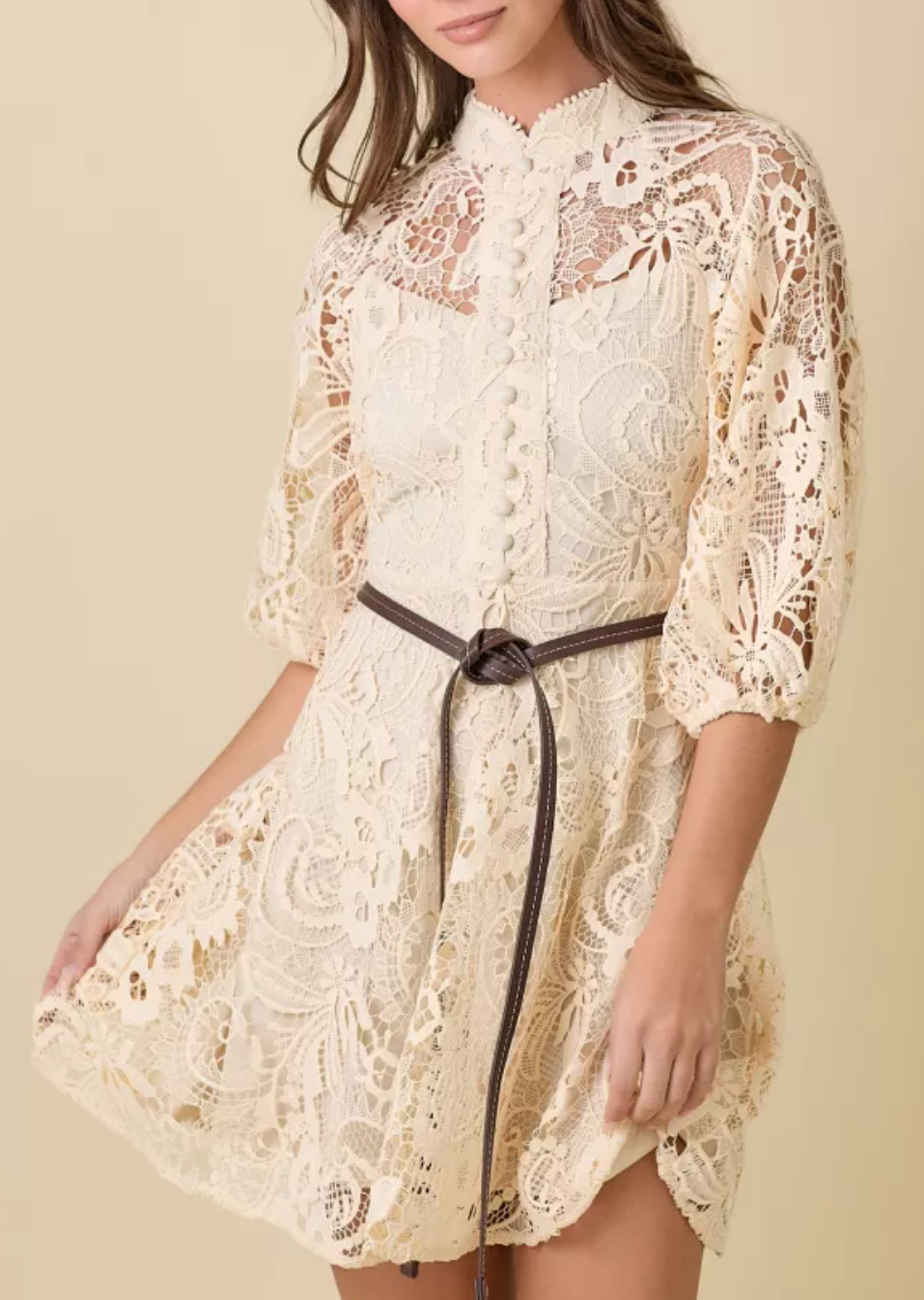 Mock Neck Collar Button Down Mini Lace Dress With Contrasting Belt