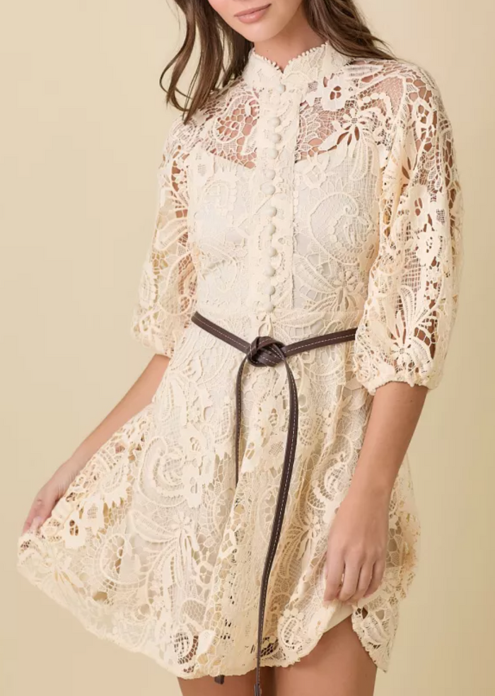 Mock Neck Collar Button Down Mini Lace Dress With Contrasting Belt