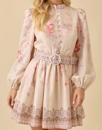 Vintage Floral Print Mock Neck Button Down Mini Long Sleeve Dress