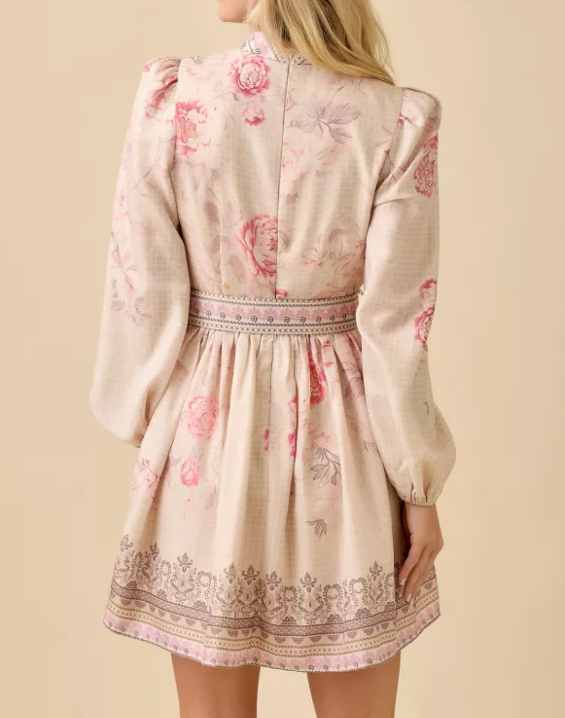 Vintage Floral Print Mock Neck Button Down Mini Long Sleeve Dress