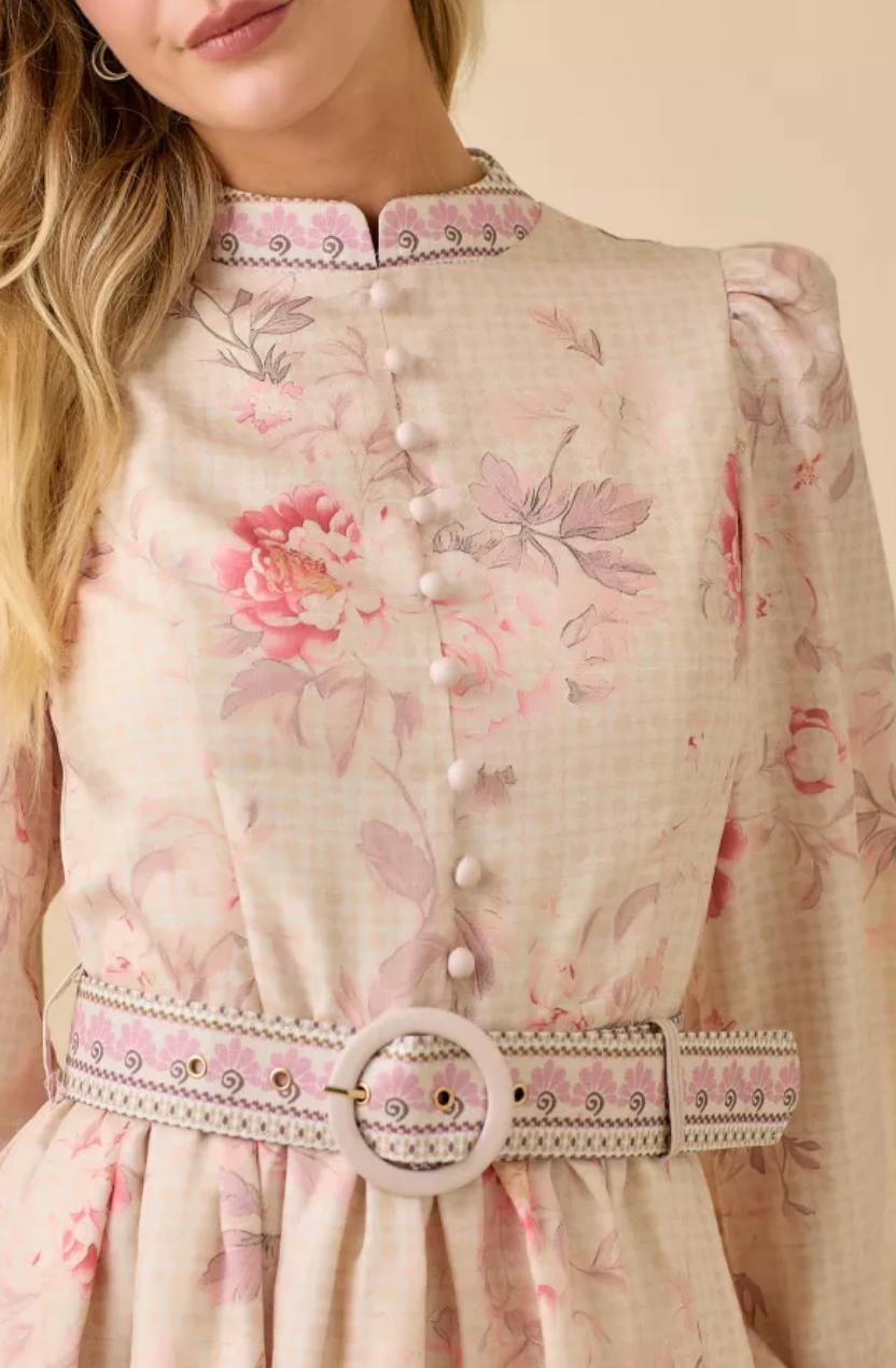 Vintage Floral Print Mock Neck Button Down Mini Long Sleeve Dress