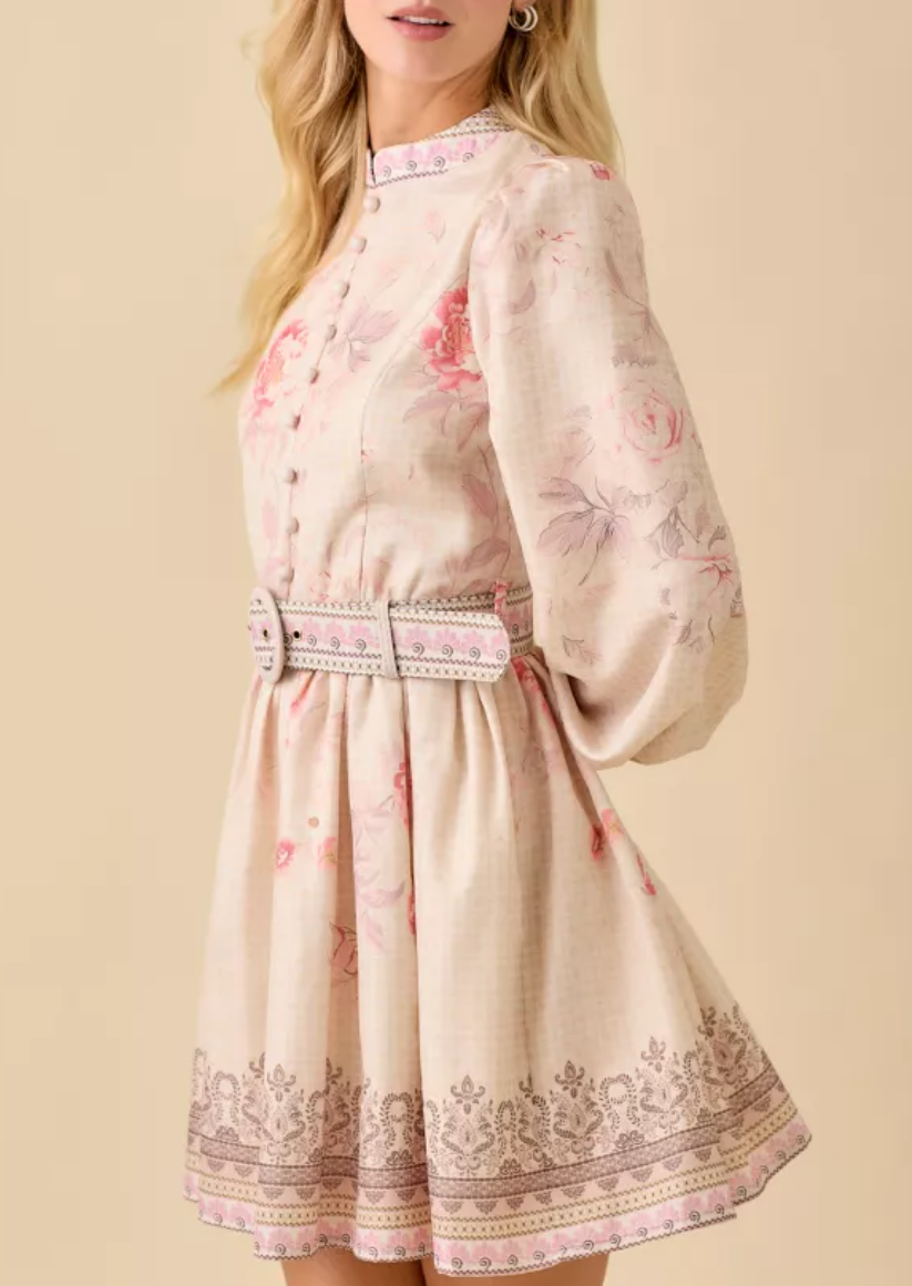 Vintage Floral Print Mock Neck Button Down Mini Long Sleeve Dress