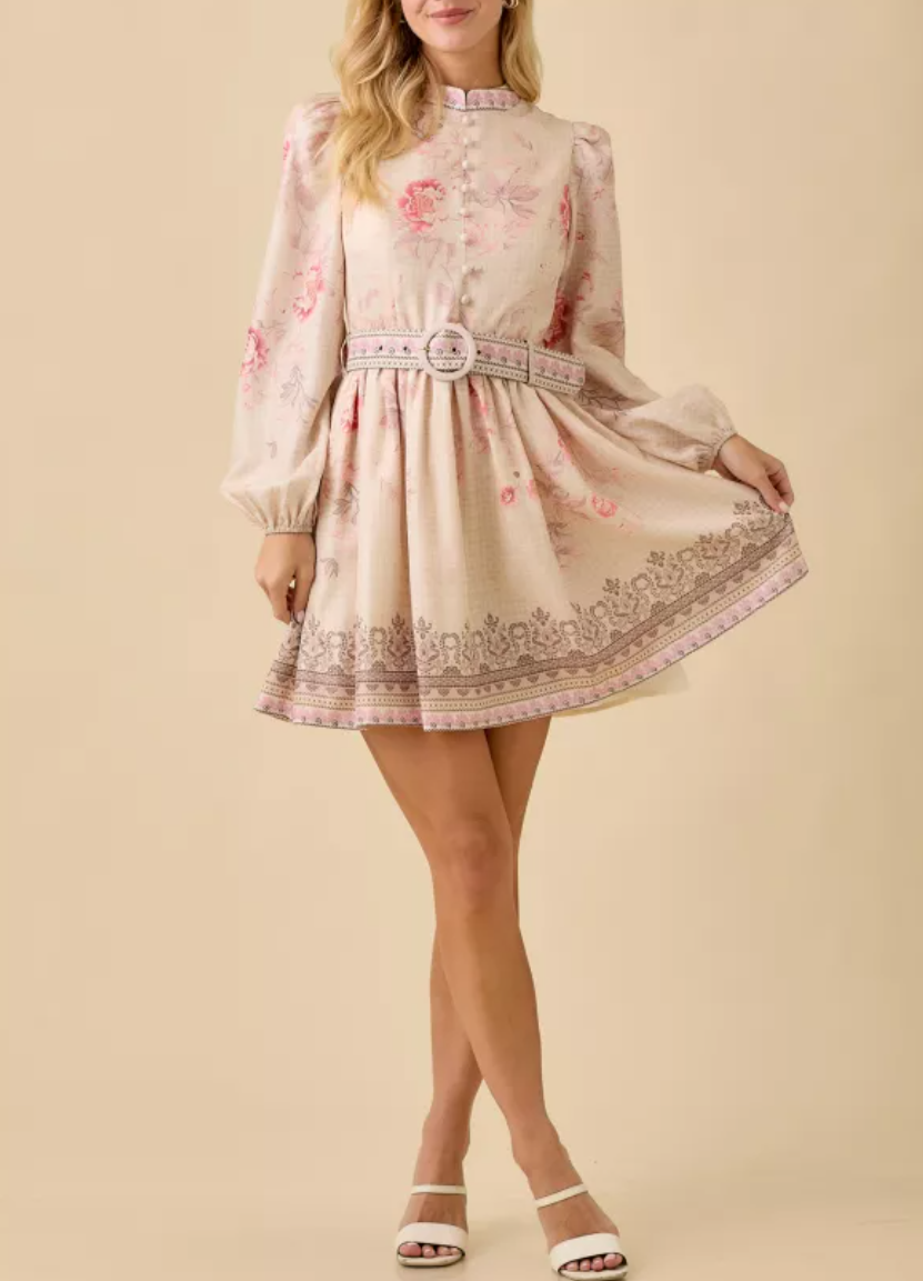 Vintage Floral Print Mock Neck Button Down Mini Long Sleeve Dress