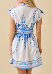Lapel Collar Button-Down Mini Dress with Floral Border Print and Matching Belt