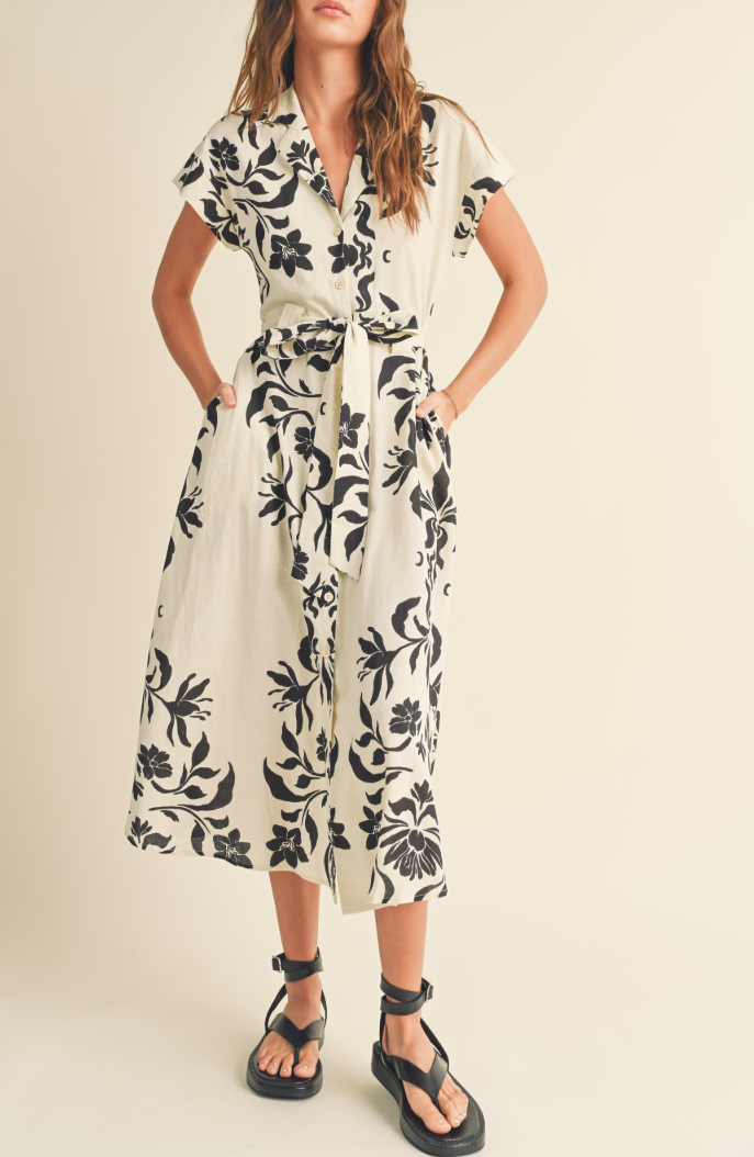 Print Button Down Flare Dress