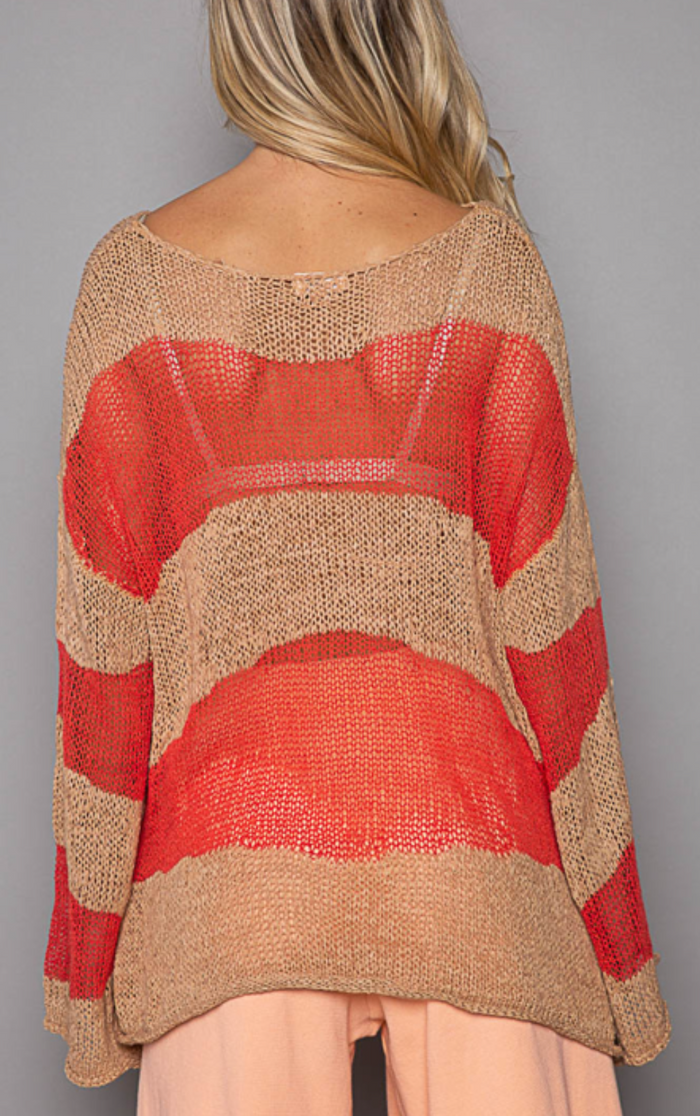 Round Neck Long Sleeve Relaxed Fit Top with Stripe Pattern
