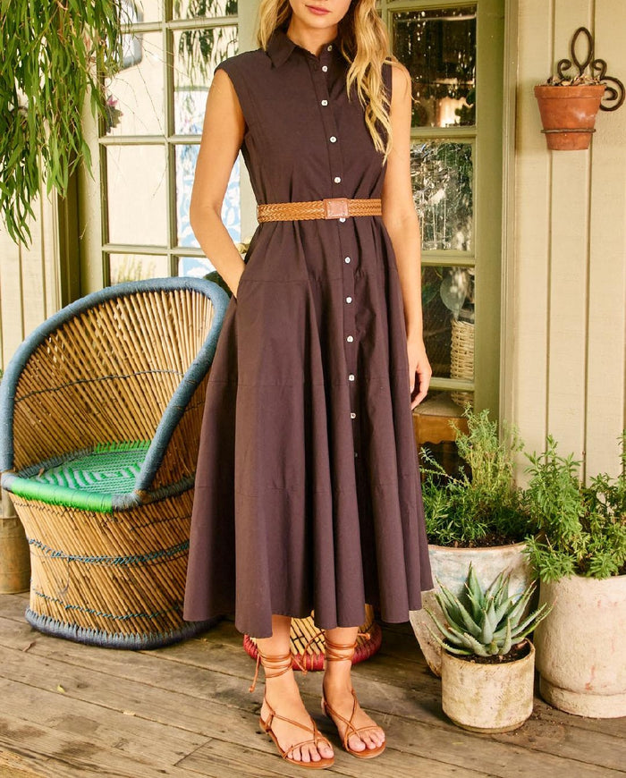 Solid Sleeveless Belted Midi Dress