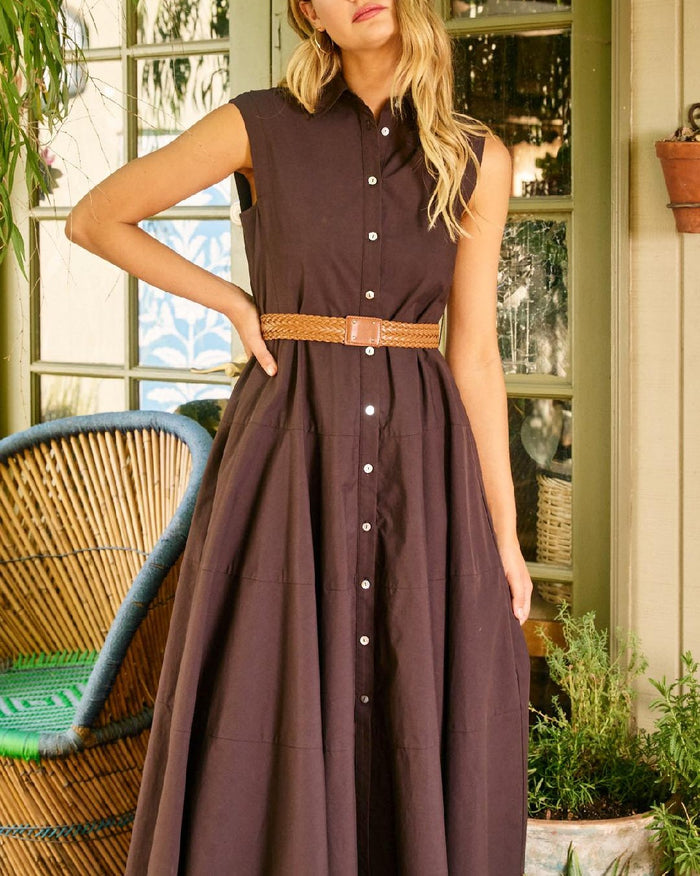 Solid Sleeveless Belted Midi Dress