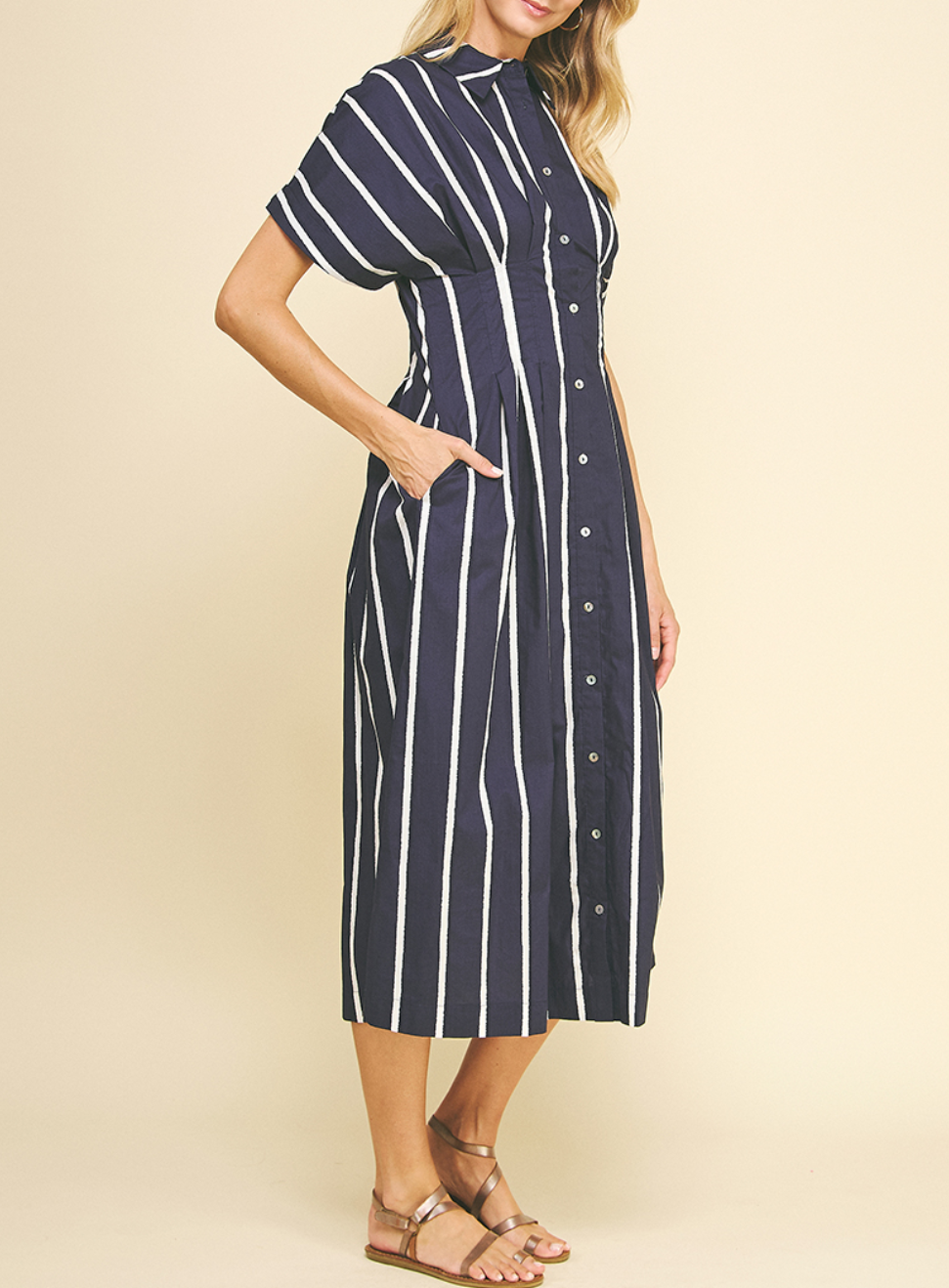 Stripe Button Down Midi Dress Azure & Lavender Stripe Button Down Midi Dress Azure & Lavender