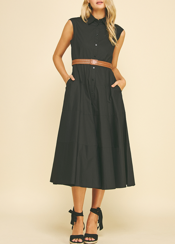 Solid Sleeveless Belted Midi Dress