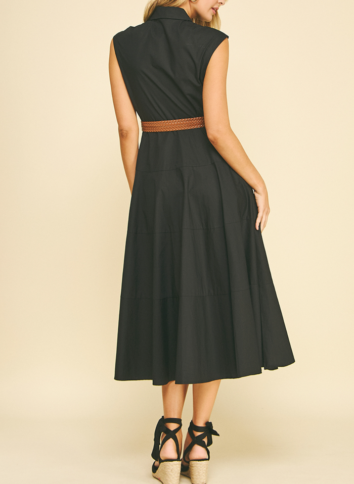 Solid Sleeveless Belted Midi Dress