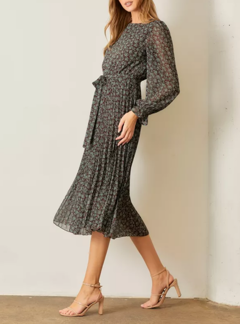 Pleated Skirt Midi Floral Dress with Long Sleeves