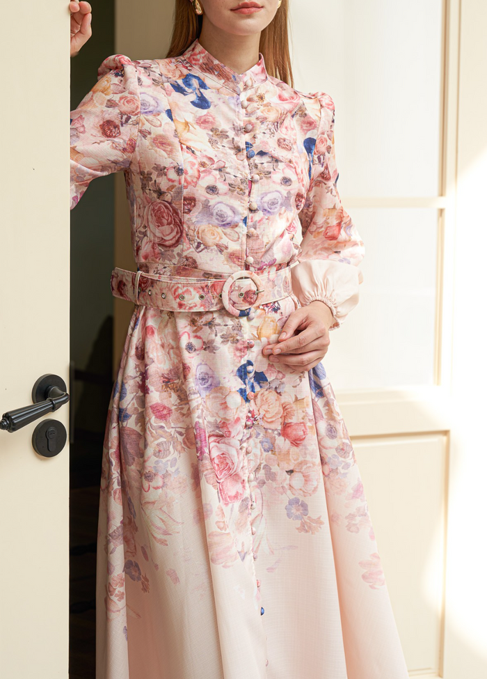 Rose Garden High-Neck Dress with Belt