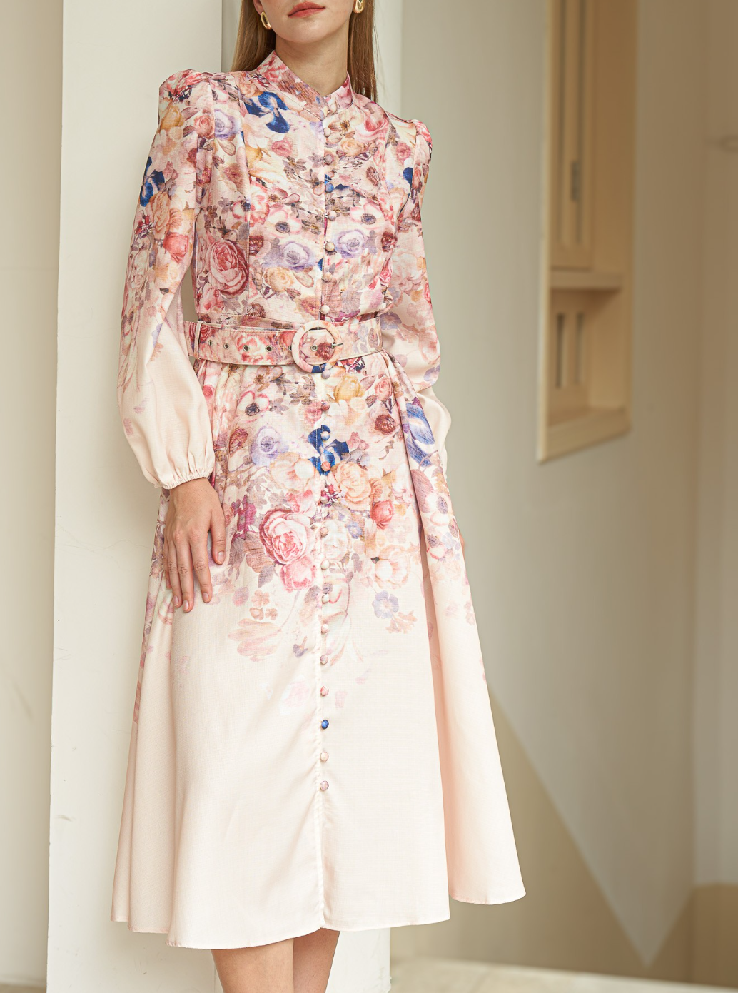 Rose Garden High-Neck Dress with Belt