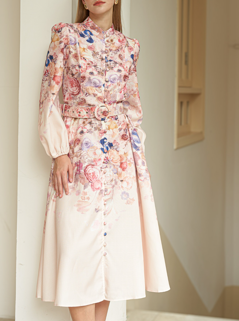 Rose Garden High-Neck Dress with Belt