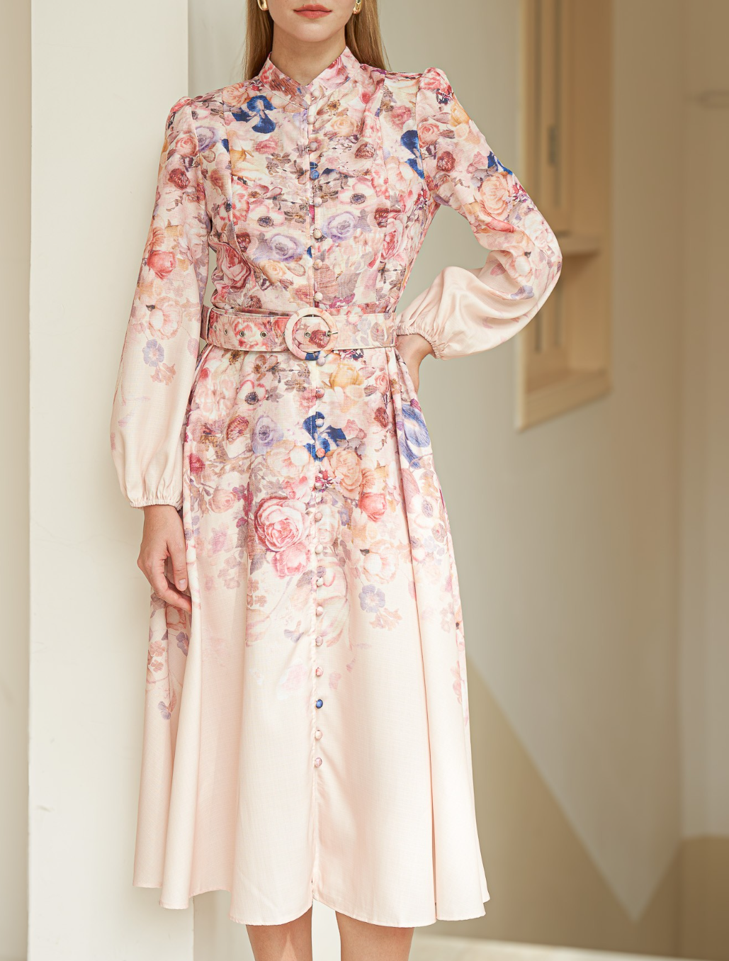 Rose Garden High-Neck Dress with Belt