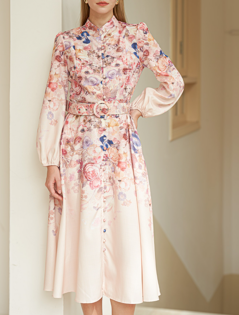 Rose Garden High-Neck Dress with Belt