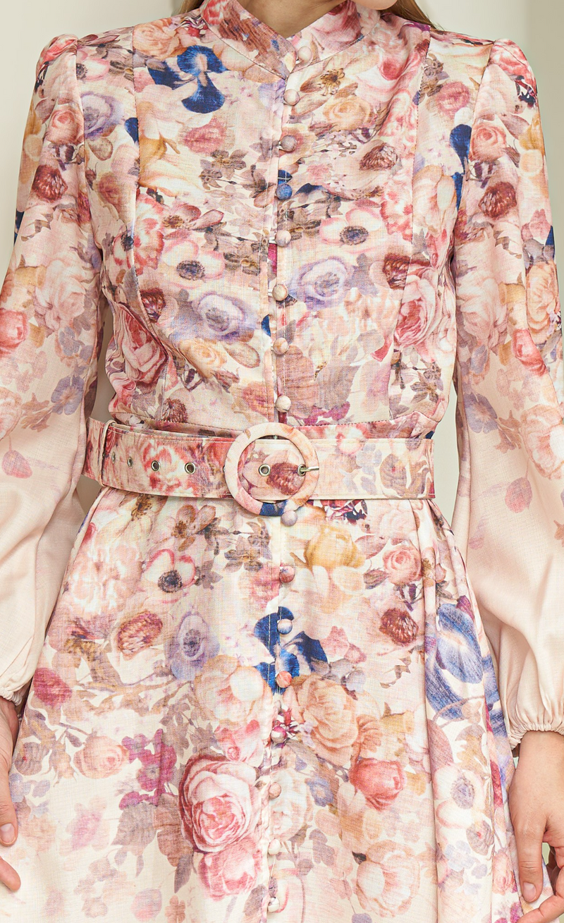 Rose Garden High-Neck Dress with Belt