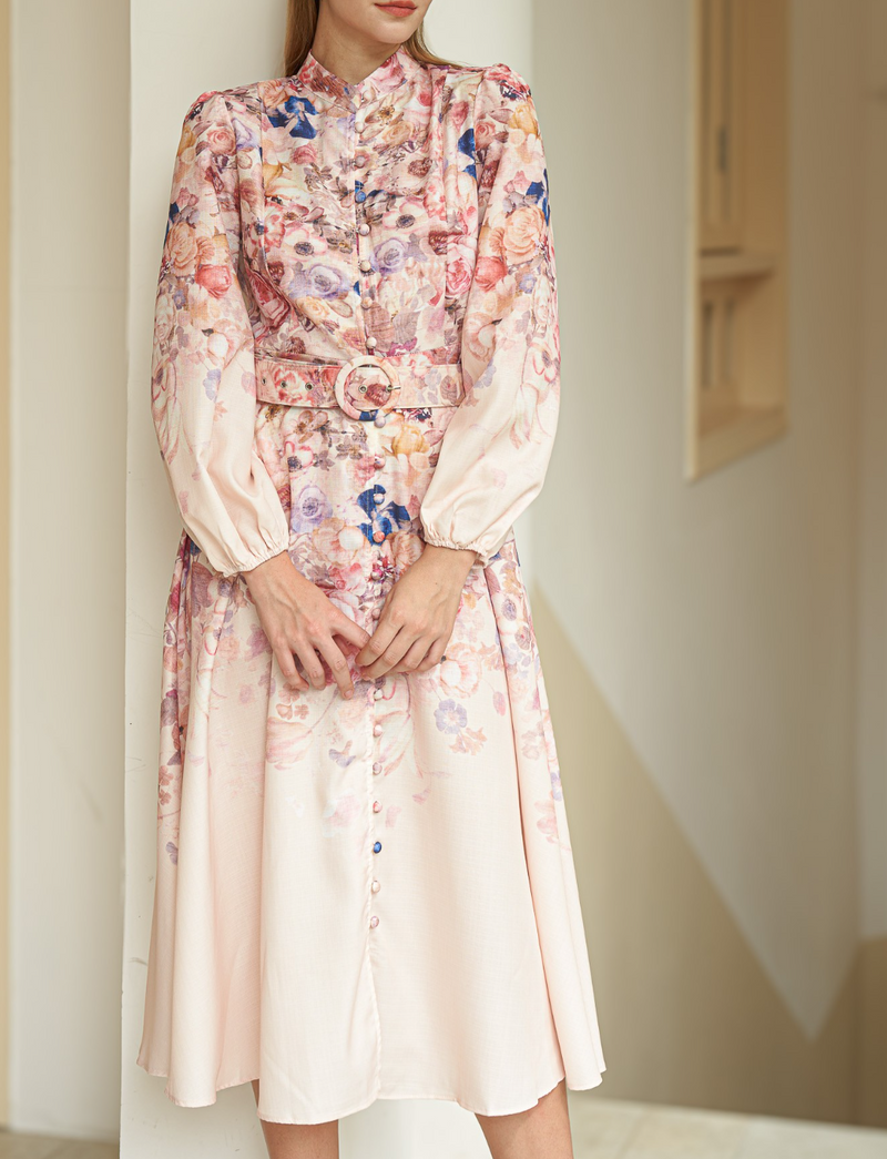 Rose Garden High-Neck Dress with Belt