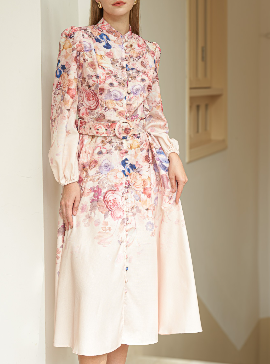 Rose Garden High-Neck Dress with Belt