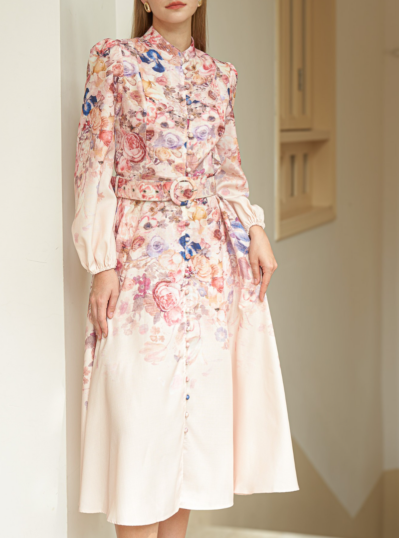 Rose Garden High-Neck Dress with Belt