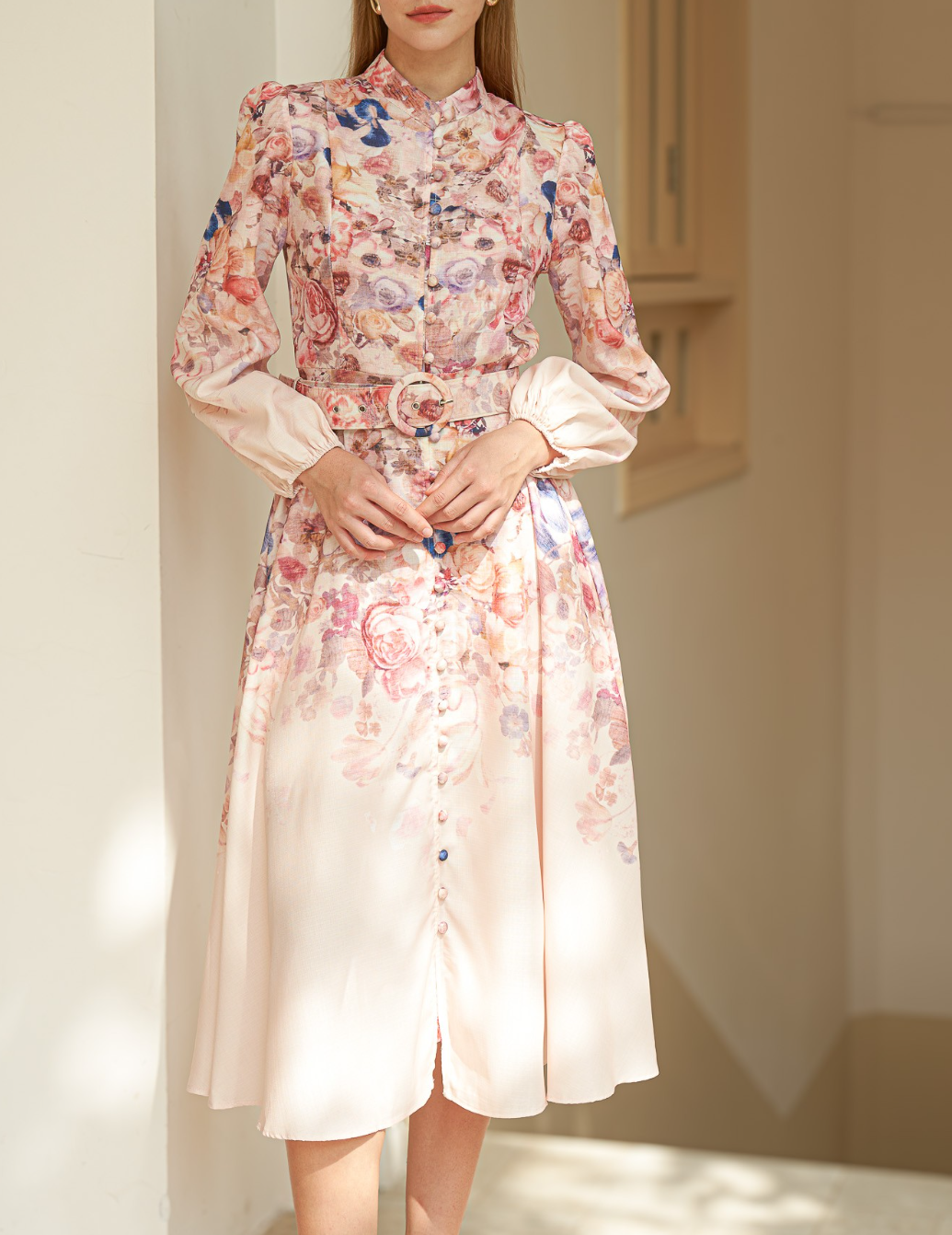 Rose Garden High-Neck Dress with Belt