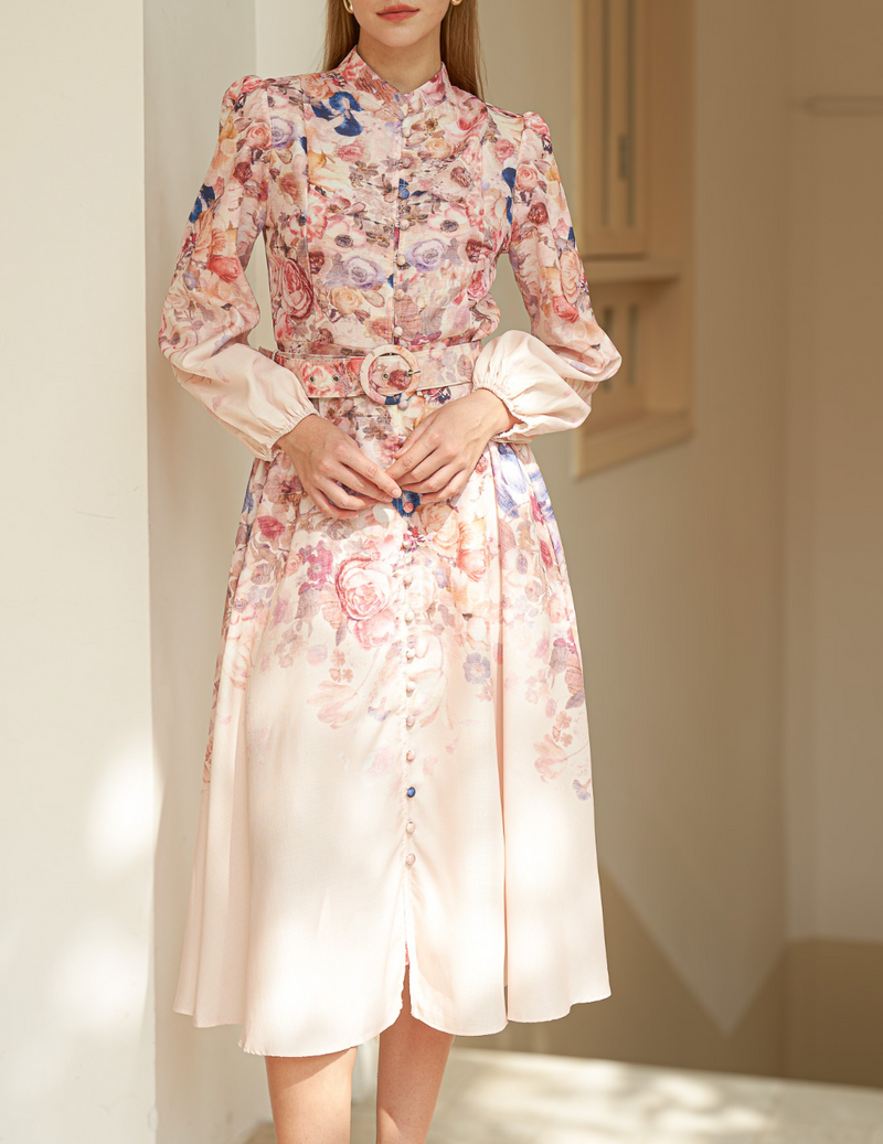 Rose Garden High-Neck Dress with Belt