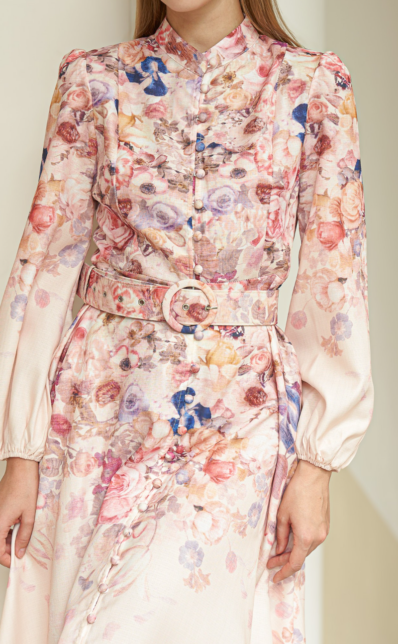 Rose Garden High-Neck Dress with Belt