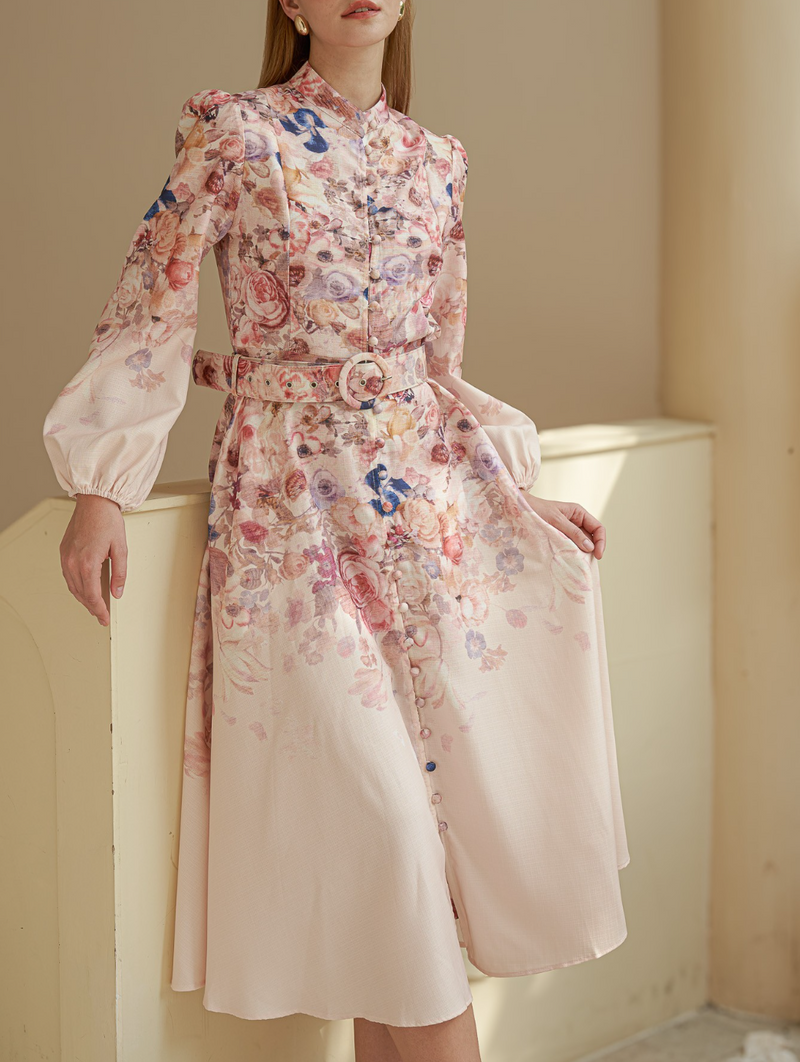 Rose Garden High-Neck Dress with Belt