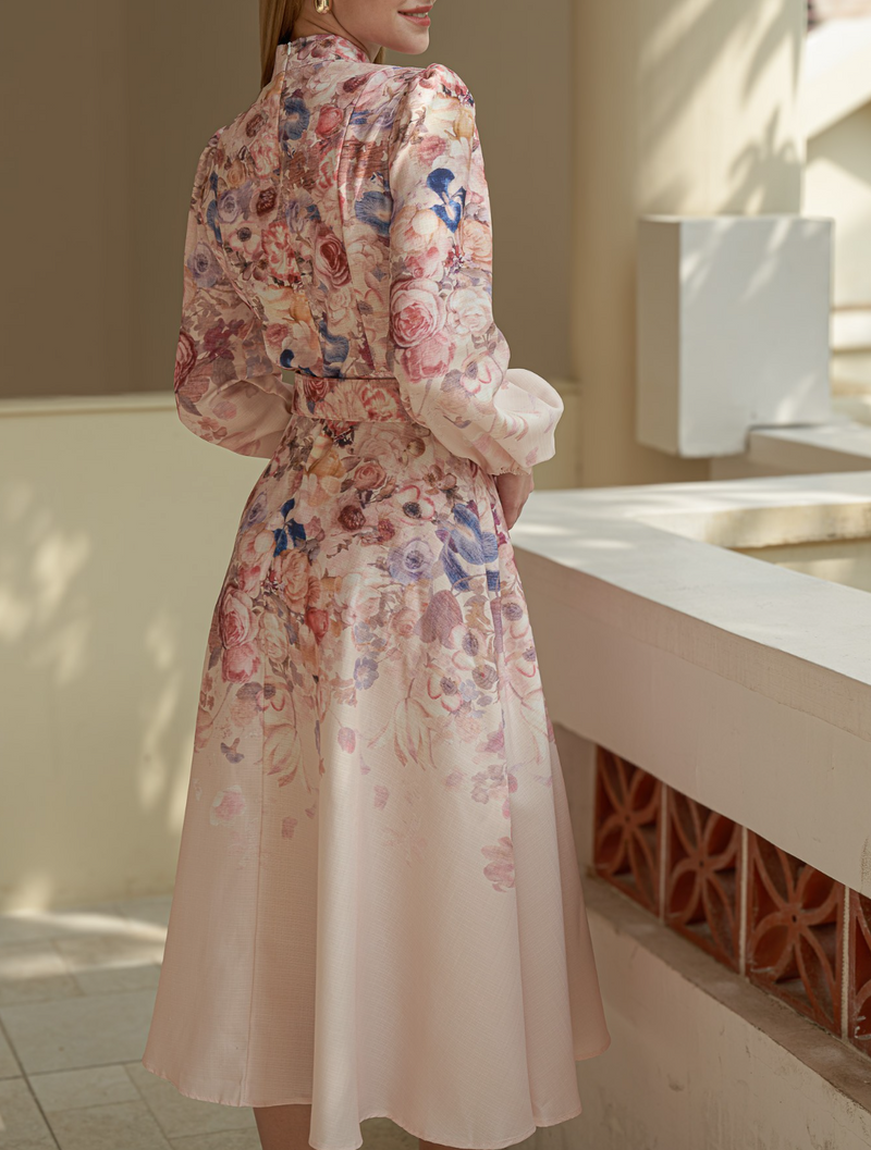Rose Garden High-Neck Dress with Belt