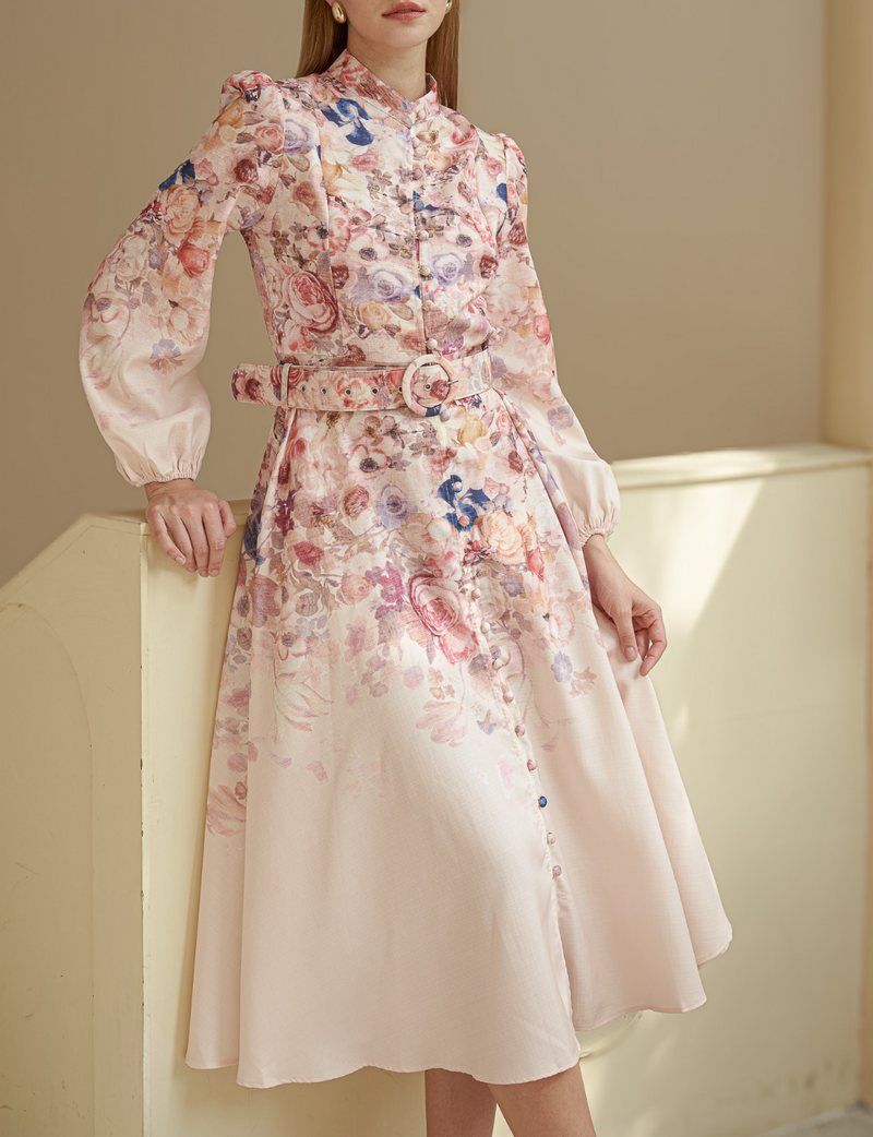 Rose Garden High-Neck Dress with Belt