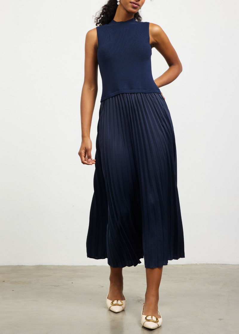 Pleated Contrast Mock Neck Dress