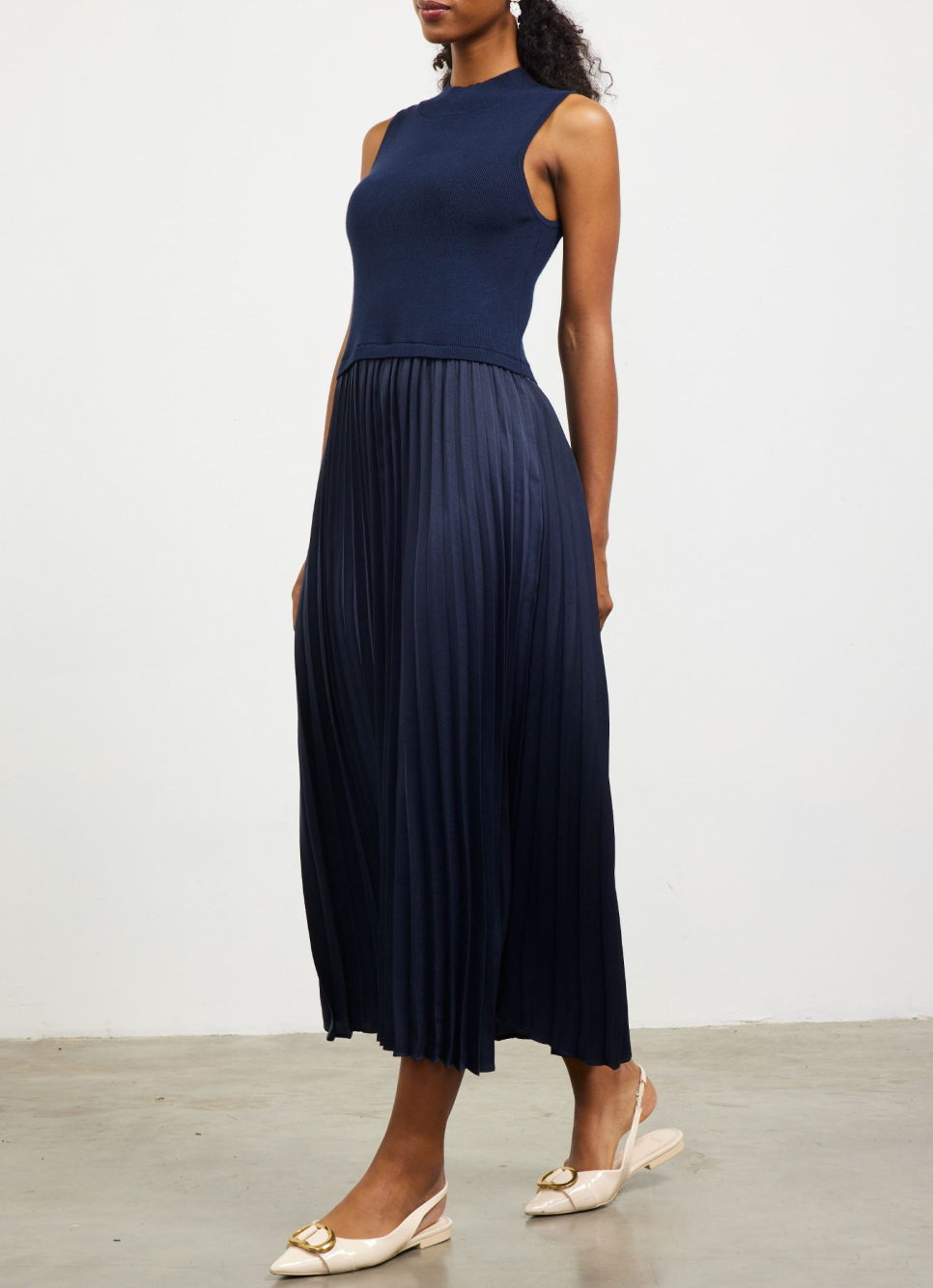 Pleated Contrast Mock Neck Dress