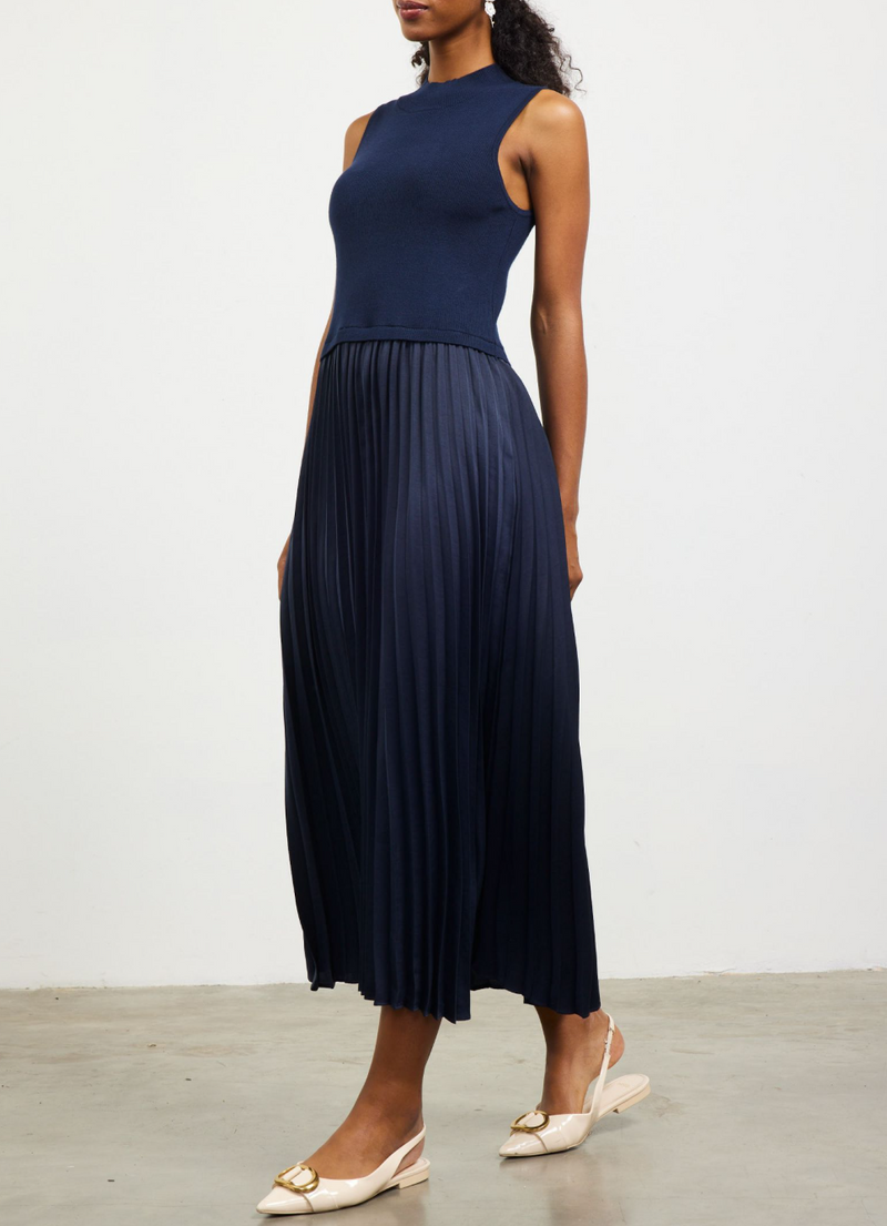 Pleated Contrast Mock Neck Dress