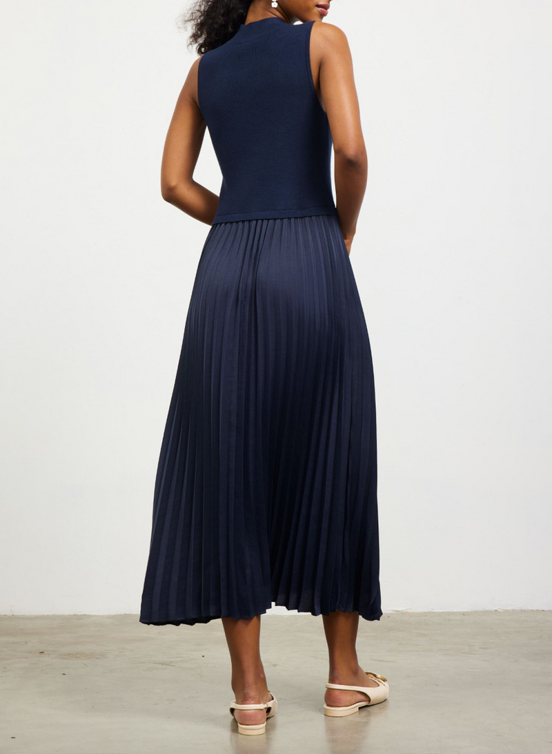 Pleated Contrast Mock Neck Dress