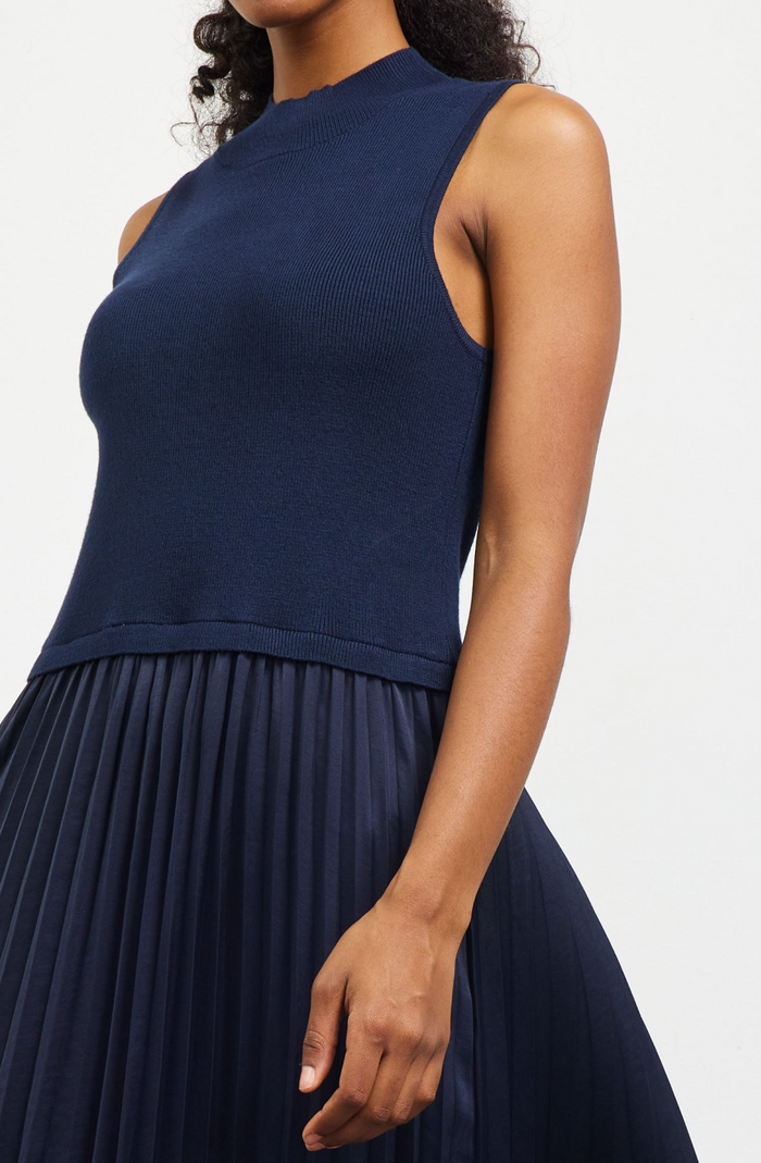 Pleated Contrast Mock Neck Dress