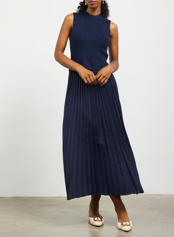 Pleated Contrast Mock Neck Dress