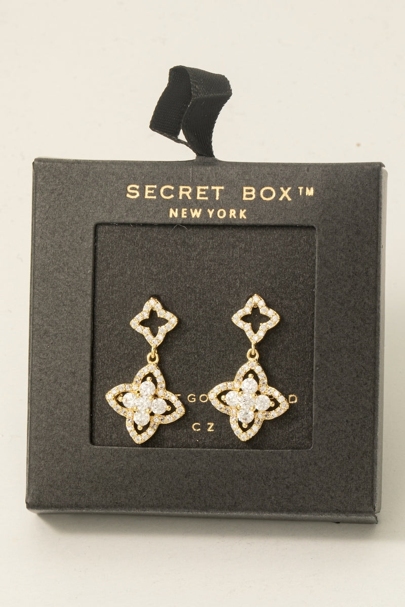 Gold Dipped Cz Double Clover Stud Dangle Earrings