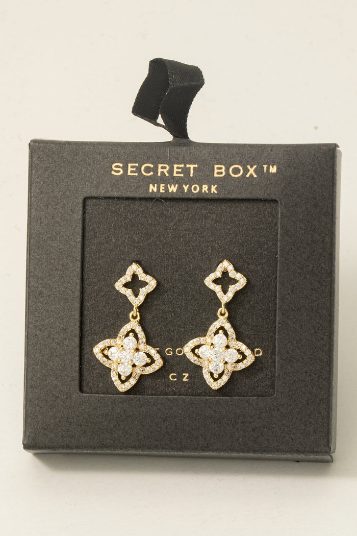 Gold Dipped Cz Double Clover Stud Dangle Earrings