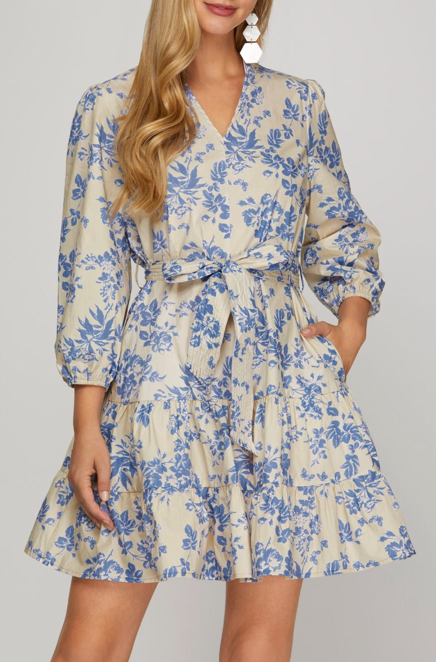 3/4 Sleeve Woven Floral Print V Neck Dress with Waist Tie and Pockets