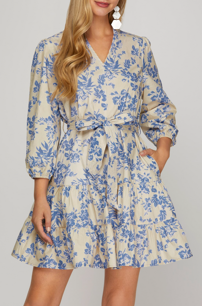 3/4 Sleeve Woven Floral Print V Neck Dress with Waist Tie and Pockets