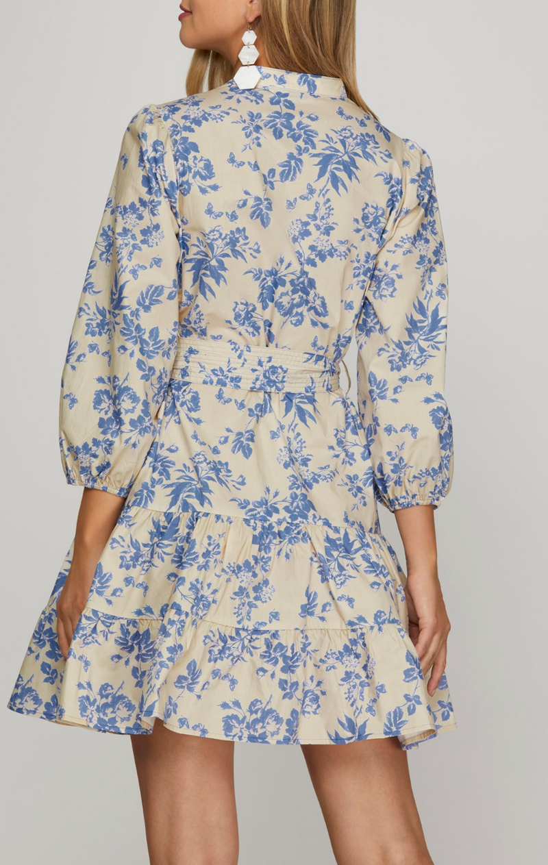 3/4 Sleeve Woven Floral Print V Neck Dress with Waist Tie and Pockets