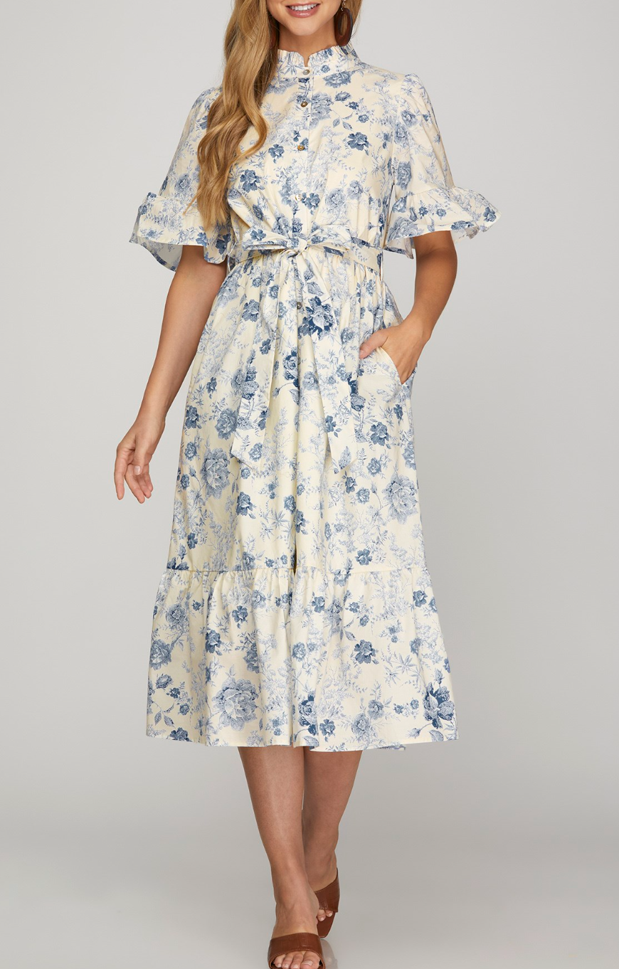 Bell Sleeve Ruffle Neck Button Down Printed Woven Waist Tie Midi Dress