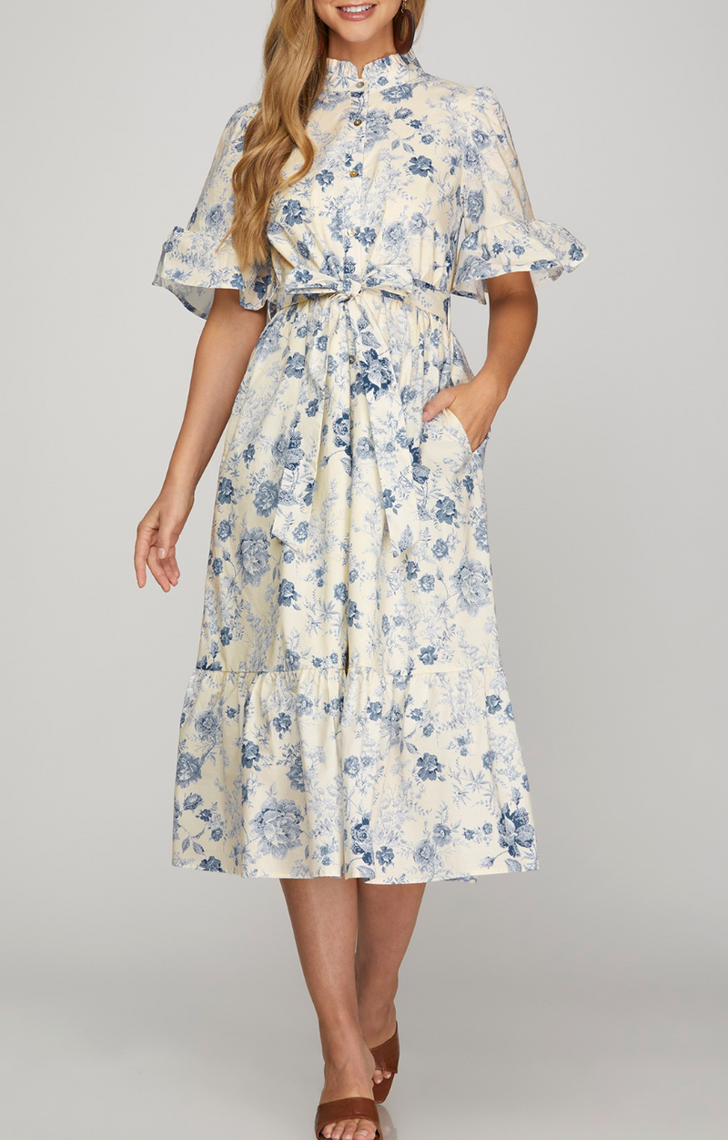 Bell Sleeve Ruffle Neck Button Down Printed Woven Waist Tie Midi Dress