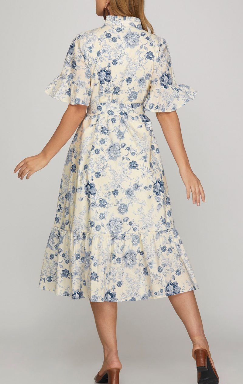 Bell Sleeve Ruffle Neck Button Down Printed Woven Waist Tie Midi Dress