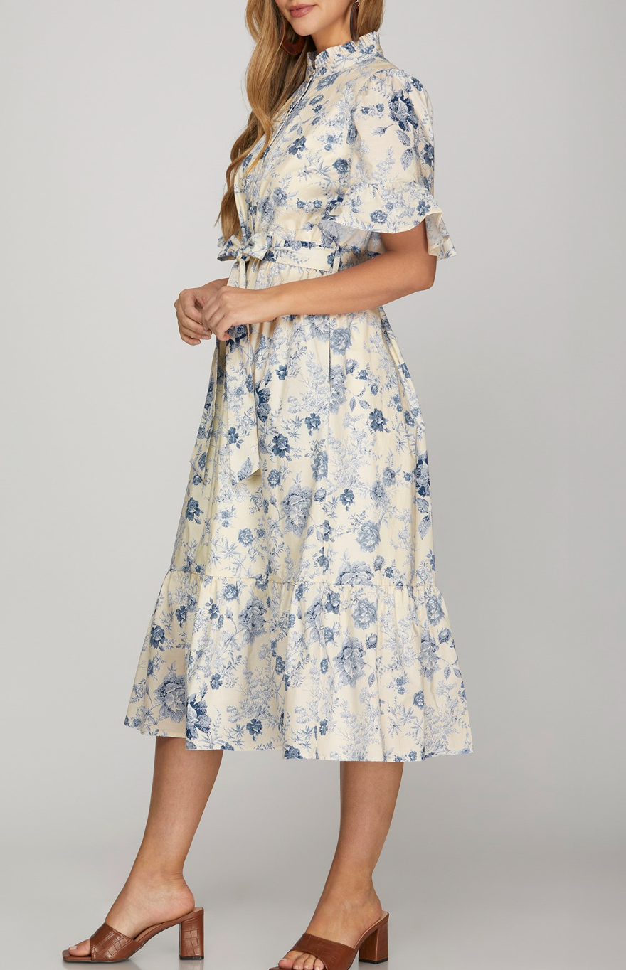Bell Sleeve Ruffle Neck Button Down Printed Woven Waist Tie Midi Dress