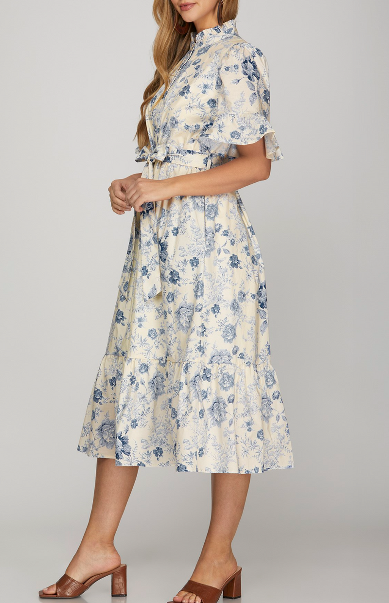 Bell Sleeve Ruffle Neck Button Down Printed Woven Waist Tie Midi Dress