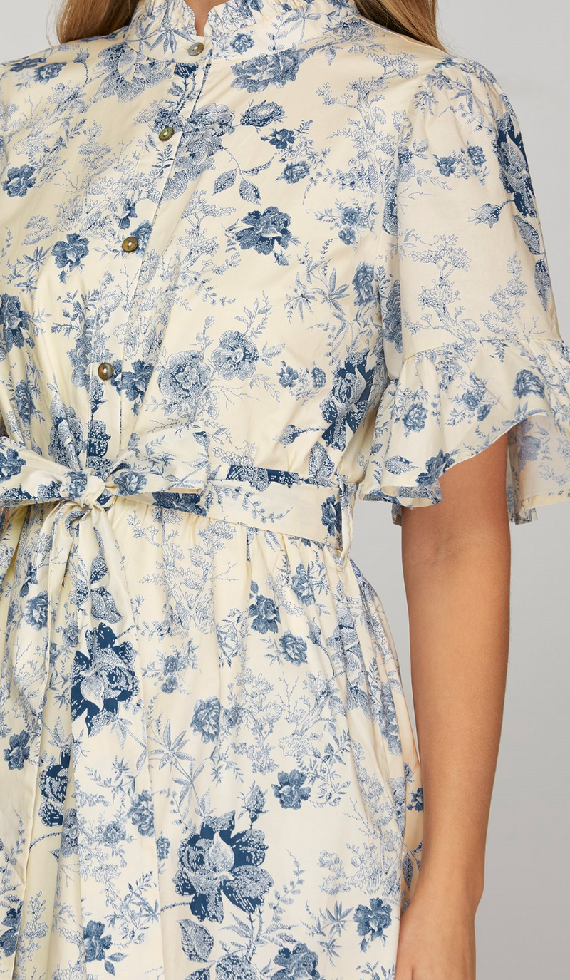 Bell Sleeve Ruffle Neck Button Down Printed Woven Waist Tie Midi Dress