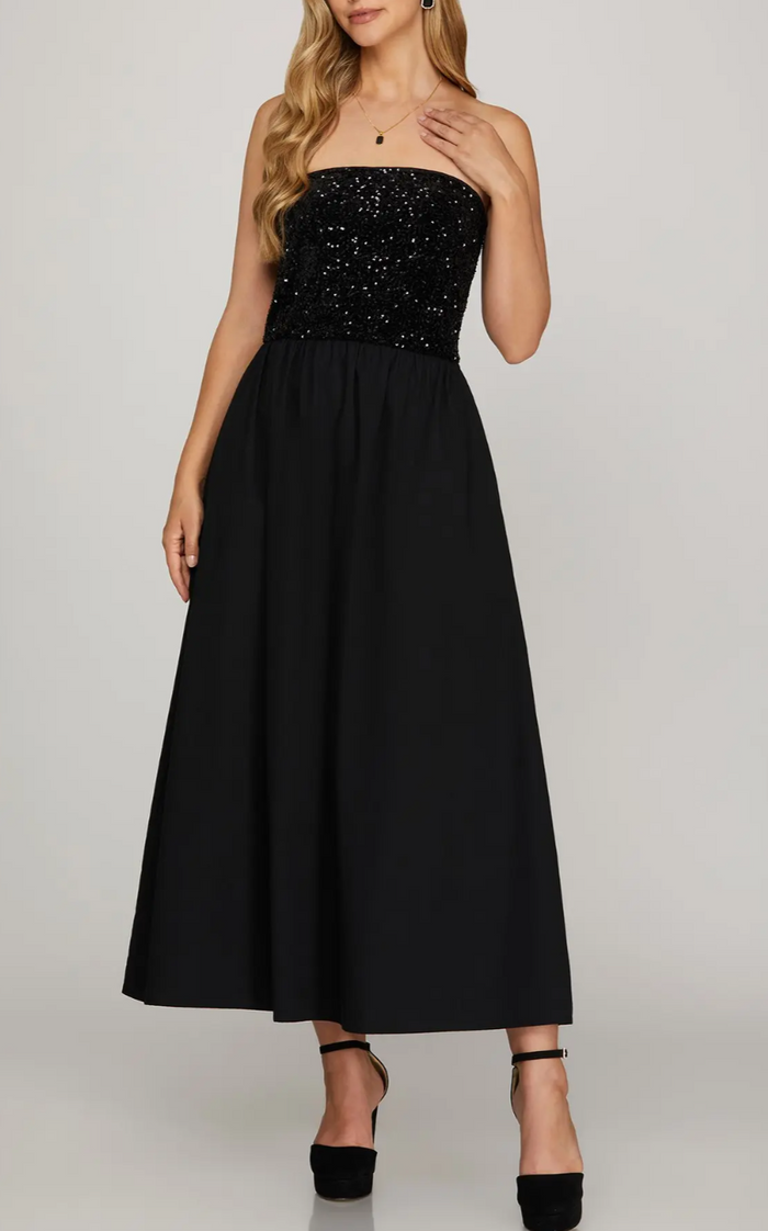 Strapless Sequin Top Tube Maxi Dress with Pockets