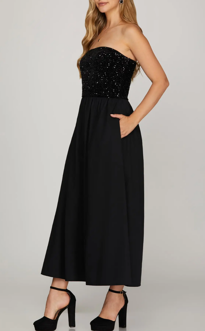 Strapless Sequin Top Tube Maxi Dress with Pockets